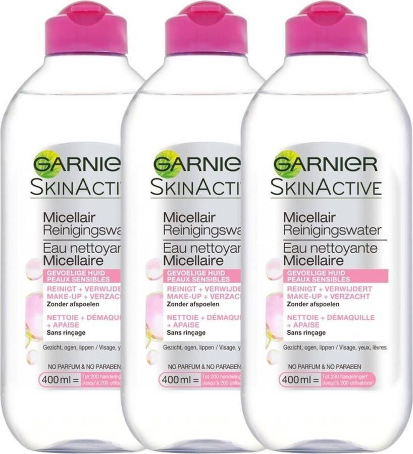 Garnier SkinActive Micellair Reinigingswater voor de Gevoelige Huid – Milde Gezichtsreiniging – Zachte Make-Up Remover 3 x 400ml