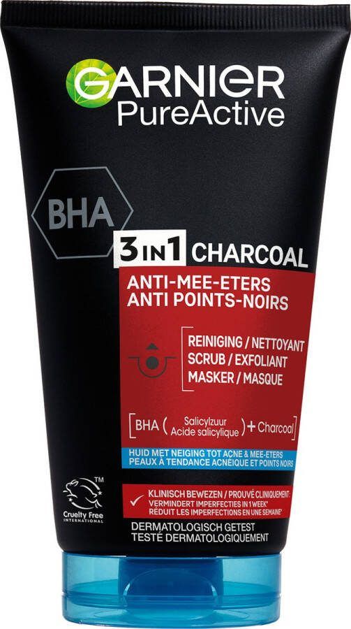 Garnier Pure Active 3in1 Gezichtsreiniger met Charcoal – Houtskool Gezichtsmasker Gezichtsscrub én gezichtsreiniger in een 150ml