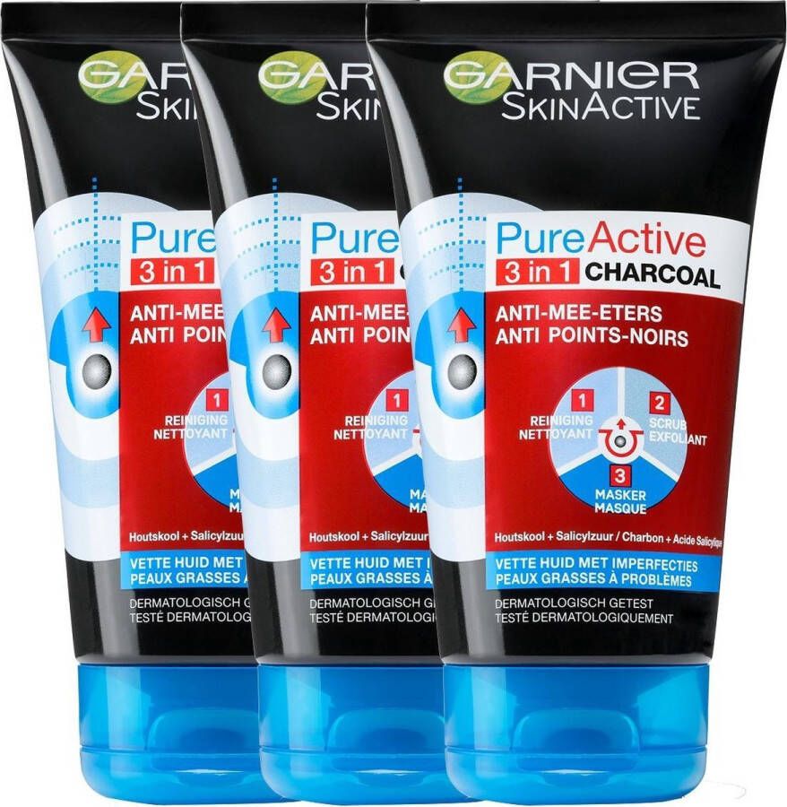 Garnier SkinActive PureActive 3in1 Gezichtsmasker met Charcoal 3 x 150 ml