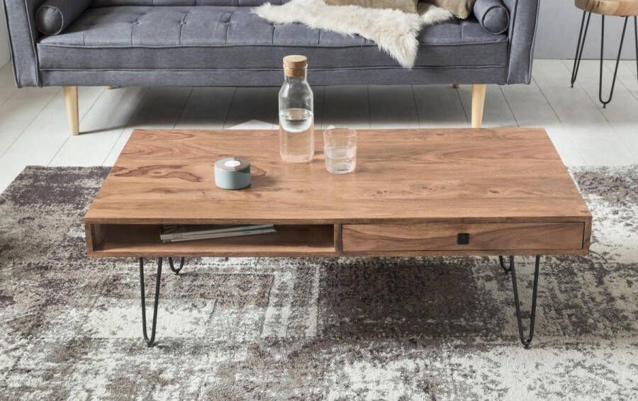 Wohnling Salontafel BAGLI Massief Acaciahout 110 cm breed Woonkamertafel Design Metalen Poten Landelijke Stijl Bijzettafel Lade