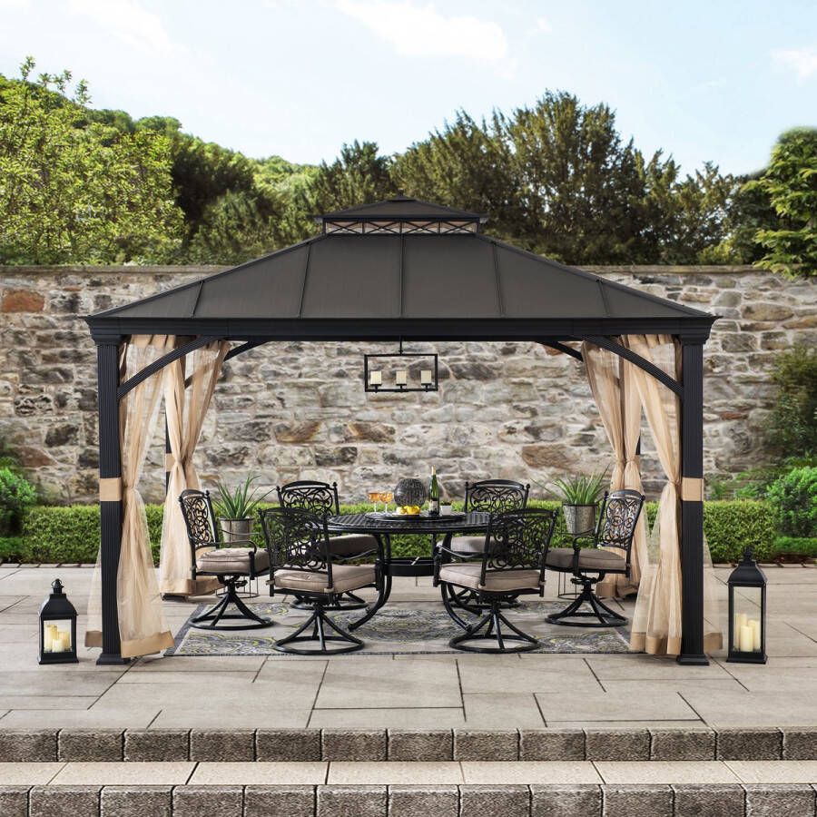 Gazebo luxe tuinpaviljoen in antraciet met hard-top hip-roof dak en creme vitrage gordijnen 366 x 305cm