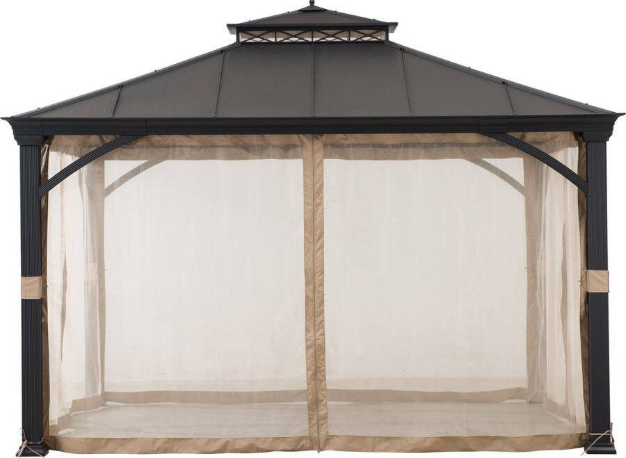 Gazebo luxe tuinpaviljoen in antraciet met hard-top hip-roof dak en creme vitrage netting 366 x 305cm