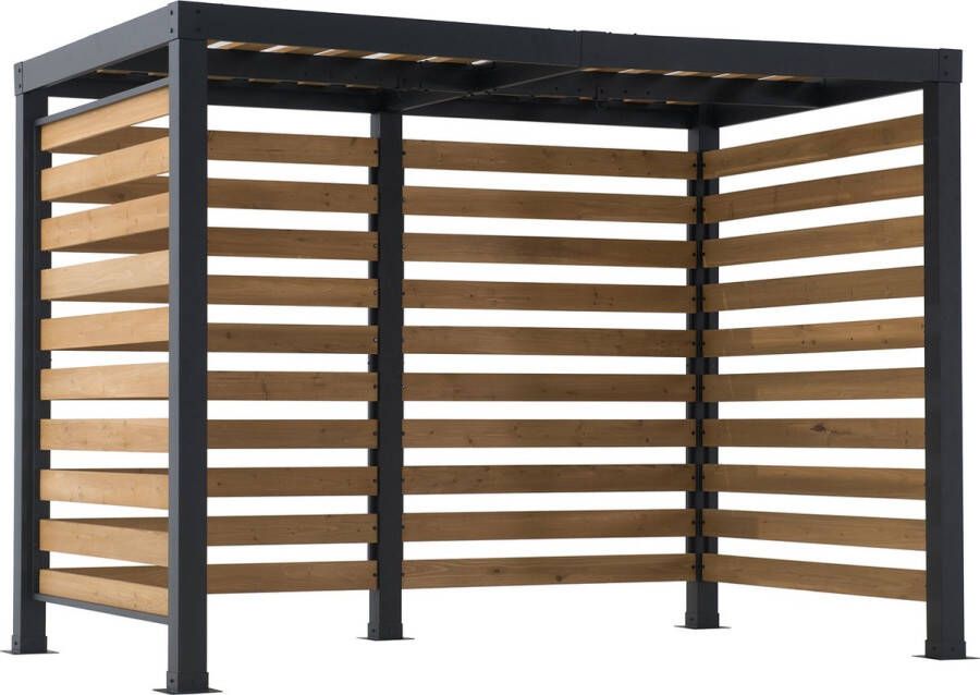 Gazebo Pergola met zwart stalen powder coated frame en rondom cedarhout lamellen 313x191cm