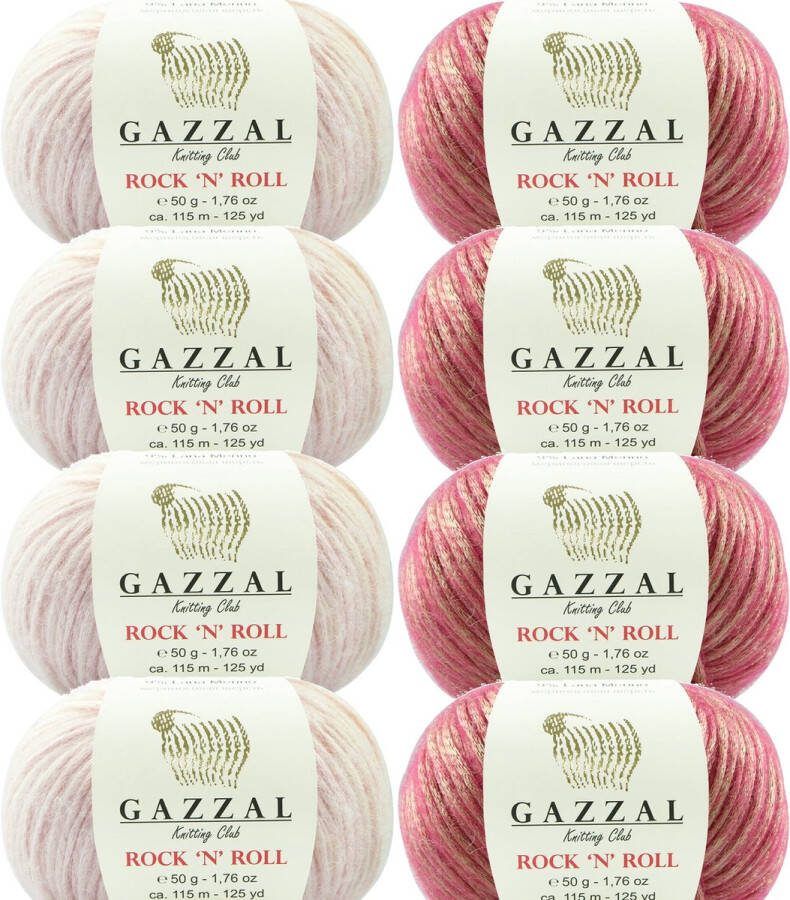 Gazzal RocknRoll Garenpakket Roze Rood 2 kleuren 8 bollen Garen Haken -Breien Merino Wol Polyamide Acryl