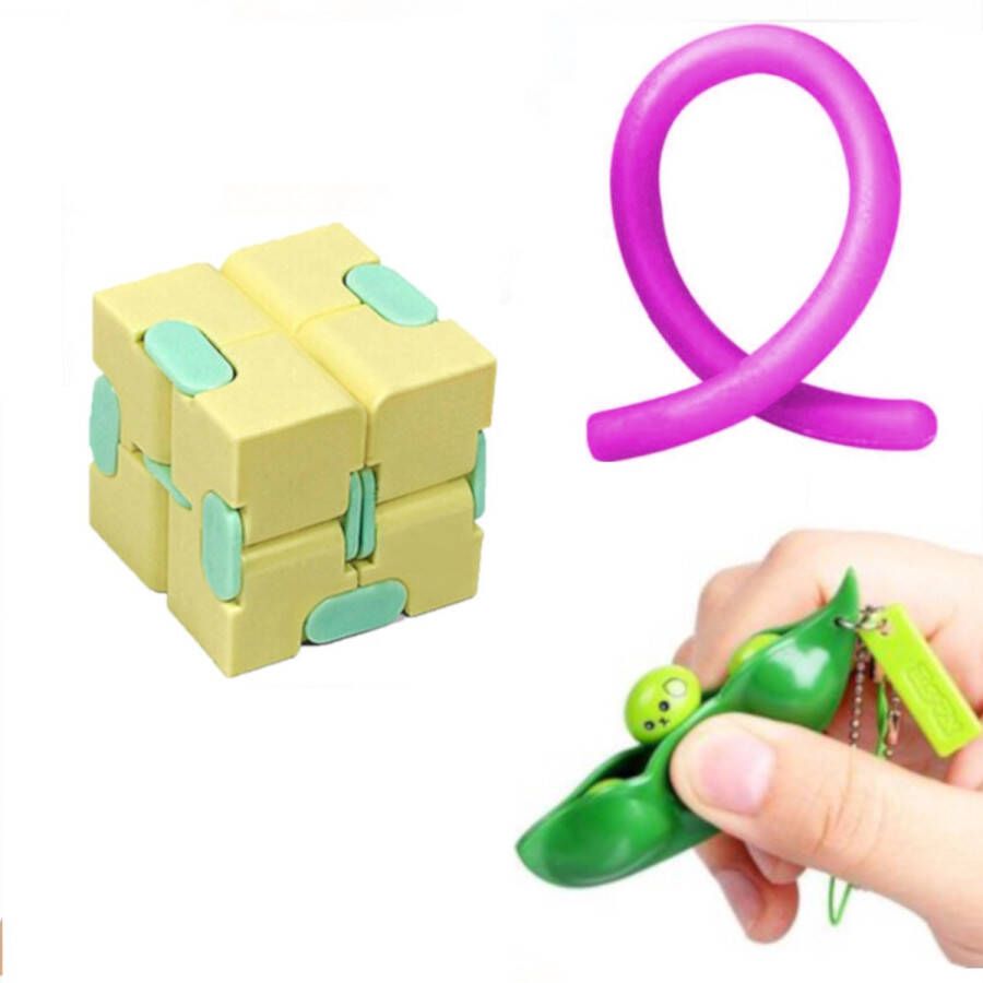 GEAR3000 Fidget toys pakket onder de 15 euro onder 20 euro fidgets set cube friemelkubus rope pea popper 3 stuks