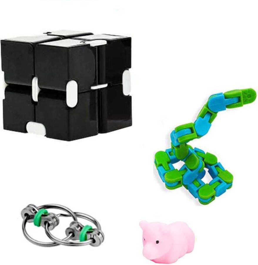 GEAR3000 Fidget toys pakket onder de 15 euro onder 20 euro fidgets set cube zwart friemelkubus wacky tracks ring squishy 4 stuks