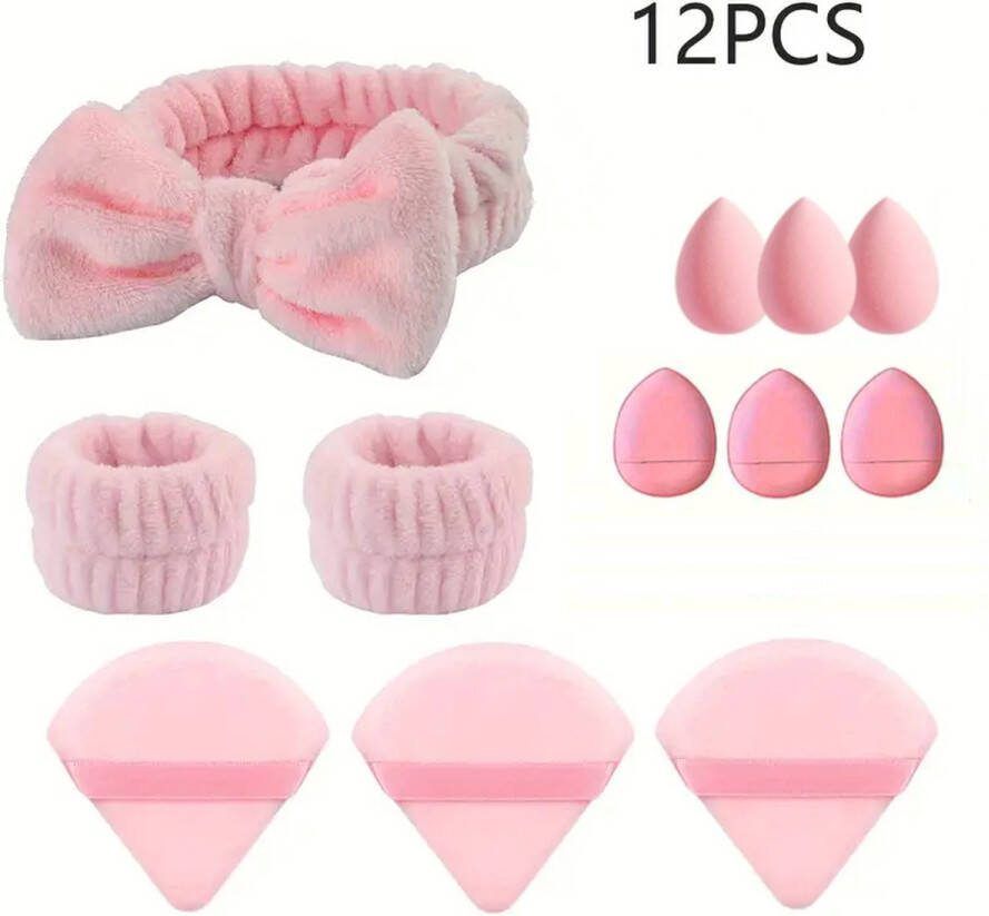 GEAR3000 haarband make up polsbandjes powder puff beauty blender skincare wasbandjes waterabsorberend 12-delig roze
