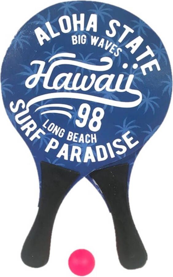 Gebro Houten beachball set met Hawaii print Strand balletjes Rackets batjes en bal Tennis ballenspel