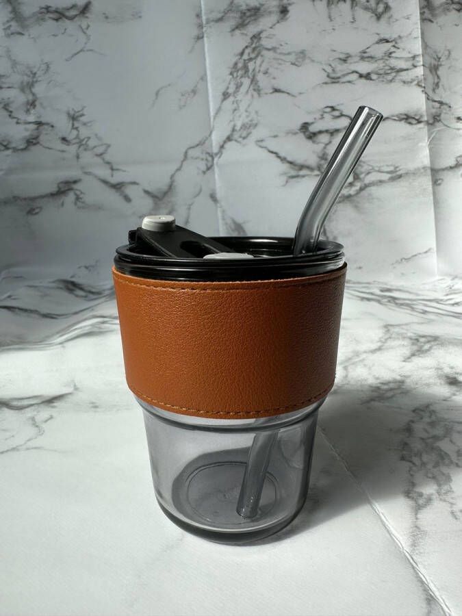 Geen merk Glazen koffiebeker to go 400ml Leder band met glazen rietje Zwart en Bruin Perfect voor koffie en thee