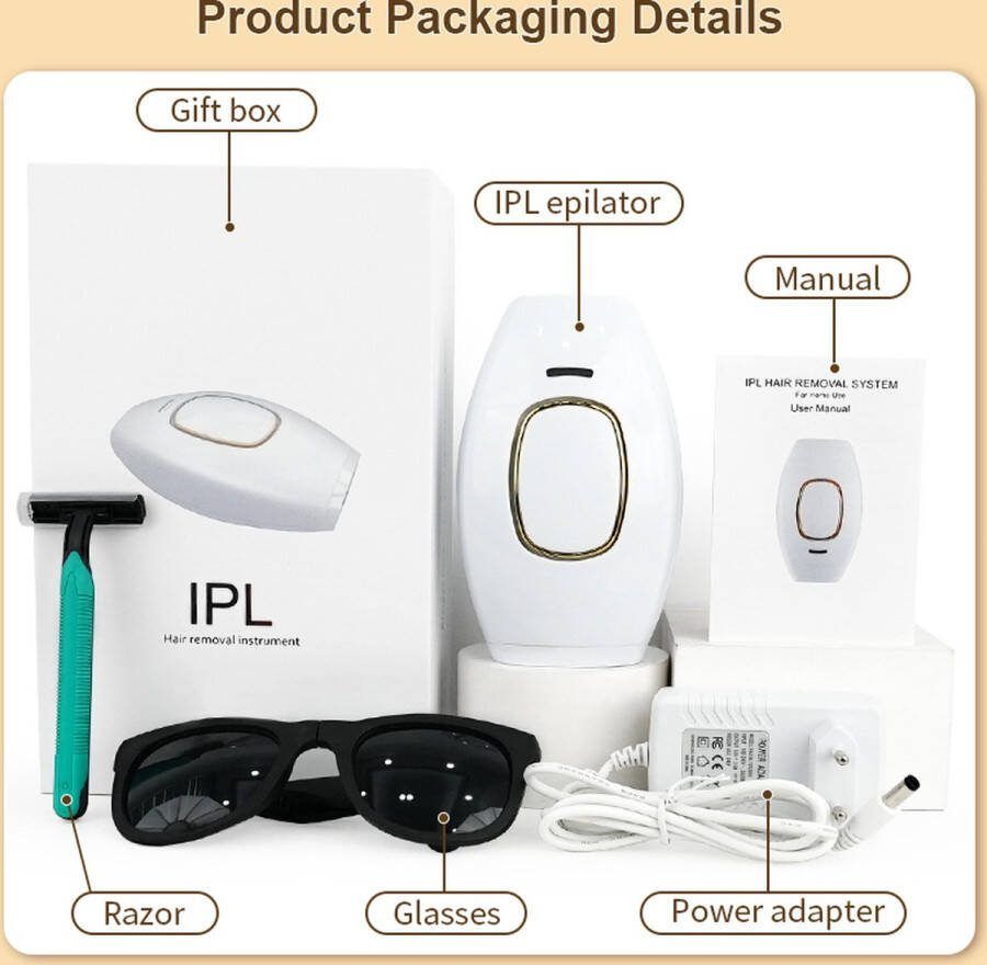 Geen merk. Laser Ontharingsapparaat IPL Ontharing Apparaat Epileerapparaat Dames Inclusief Lotion Beschermbril & Scheermes