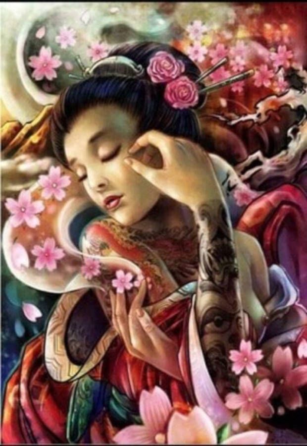 Geen merknaam Diamond painting volwassenen Chinese vrouw 40 x 50 cm volledige bedrukking ronde steentjes direct leverbaar tatoe chinees women uniek zeer mooi geisha