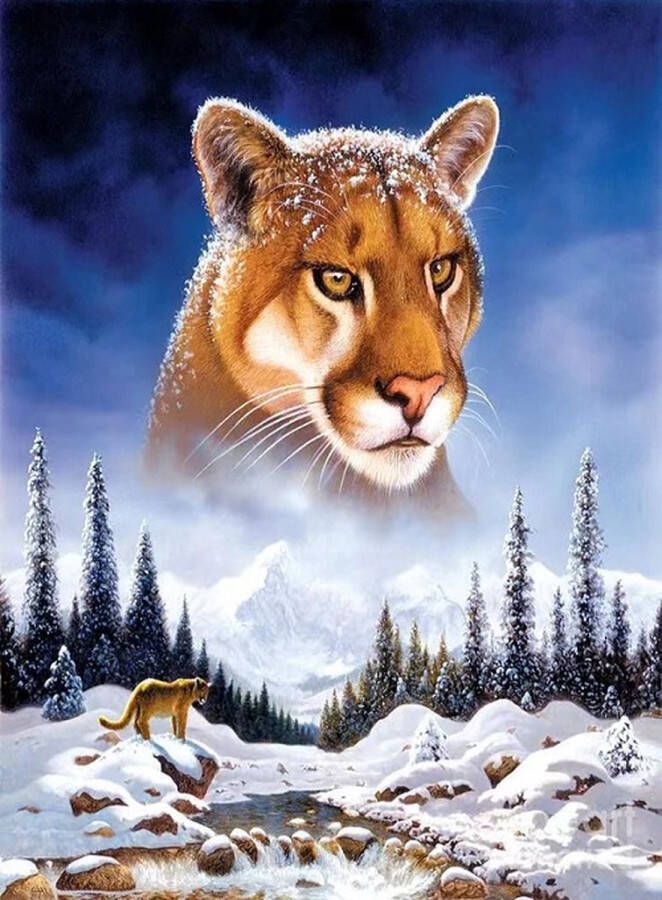 Geen merknaam Diamond painting poema 40 x 40 cm volledige bedrukking ronde steentjes direct leverbaar sneeuw leeuw poema landschap