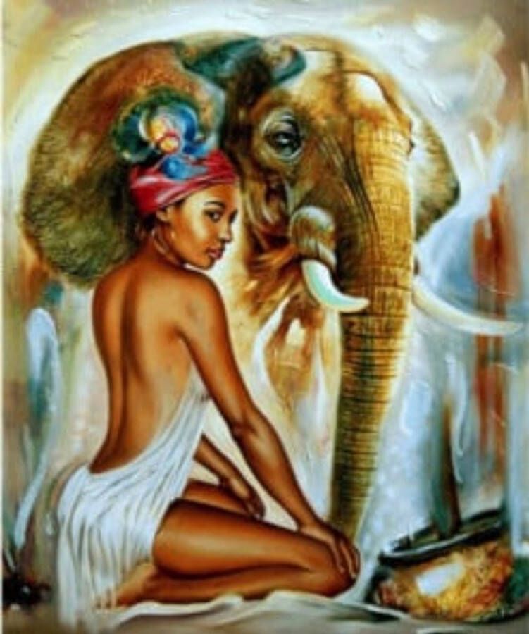 Geen merknaam Diamond painting volwassen vrouw met olifant 40 x 50 cm volledige bedrukking ronde steentjes direct leverbaar Afrikaans
