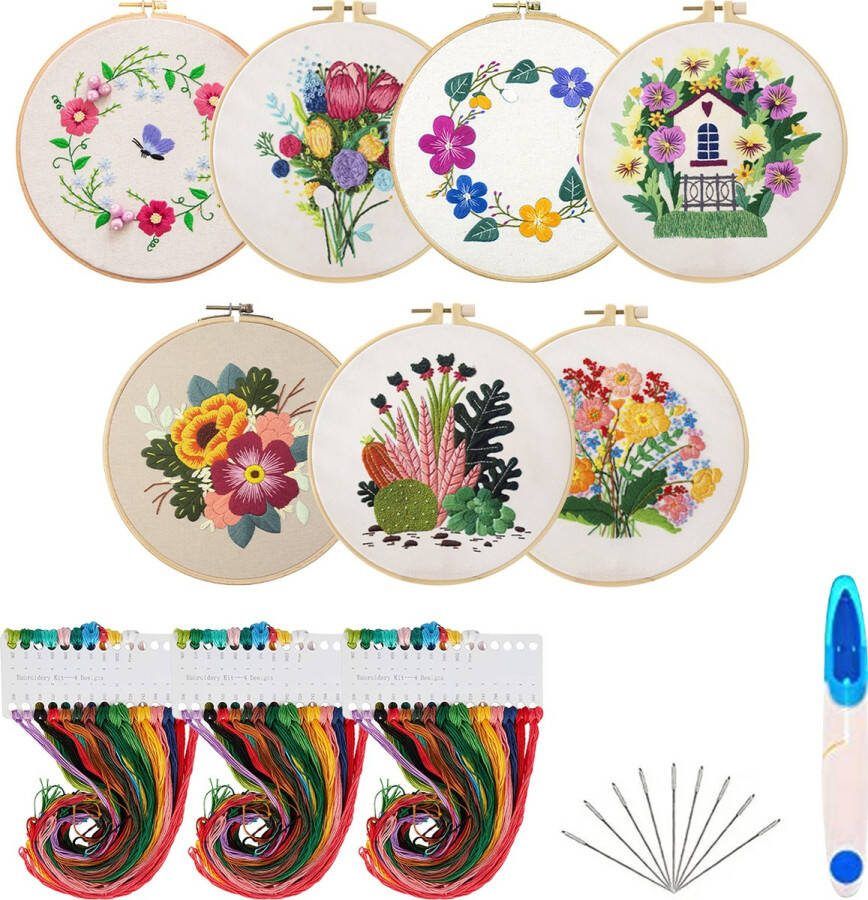 GEENM BLOEMEN 7 SETS BORDUURPAKKET Borduurpakketten volwassenen Borduren -borduurpakket volwassenen MET HANDLEIDING EN VOORBEDRUKTE STOF