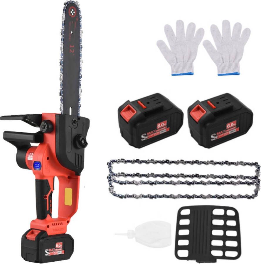 Geevorks accu kettingzaag Met 2 Accu's & 2 Kettingen 12 Inch Set Met Handschoenen Montagekit veiligheidsbeigel smeerolieflesje Rood