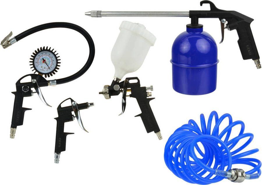 Geko Luchtgereedschap set 5 delig Blaaspistool Bandendrukmeter Spiraal-slang Verfspuit Vloeistofspuit