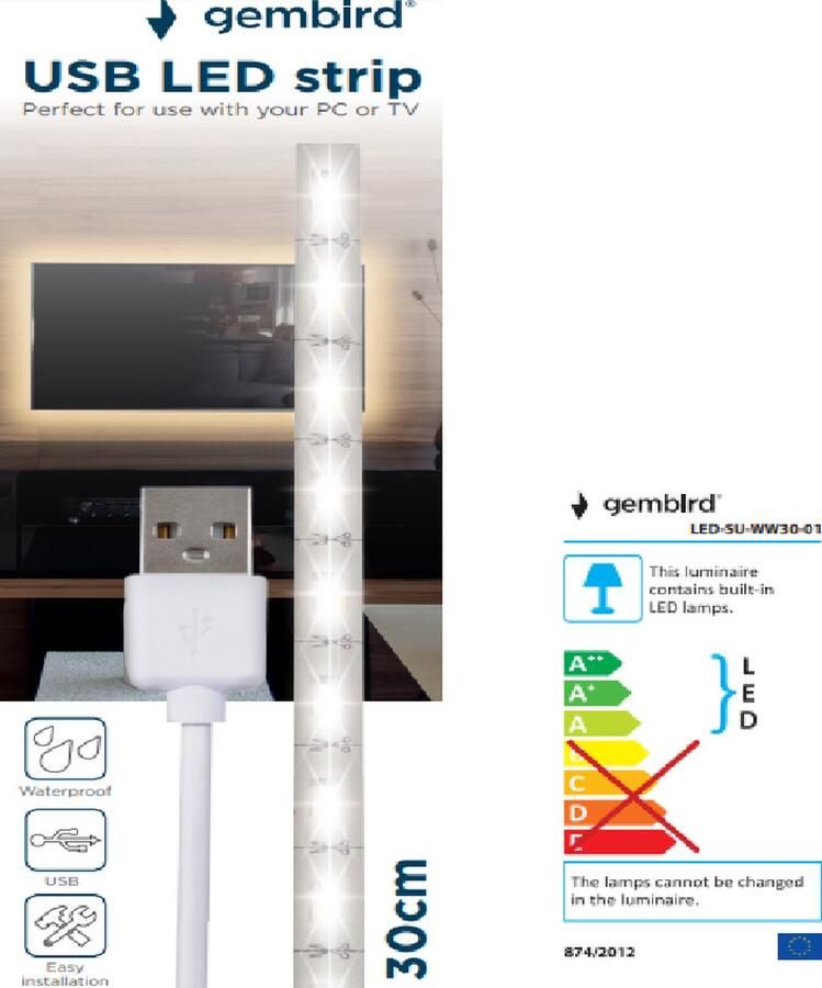 Gembird USB LED strip voor PC of TV 30 cm LEDstrip Warm Wit Waterdicht