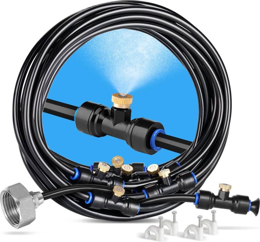 Generic Bewateringssysteem 8 m mistleiding + 7 messing nevelsproeiers + een messing connector (3 4 inch) buiten-mistersysteem voor tuinirrigatie planten irrigatie waternevel koeling terras