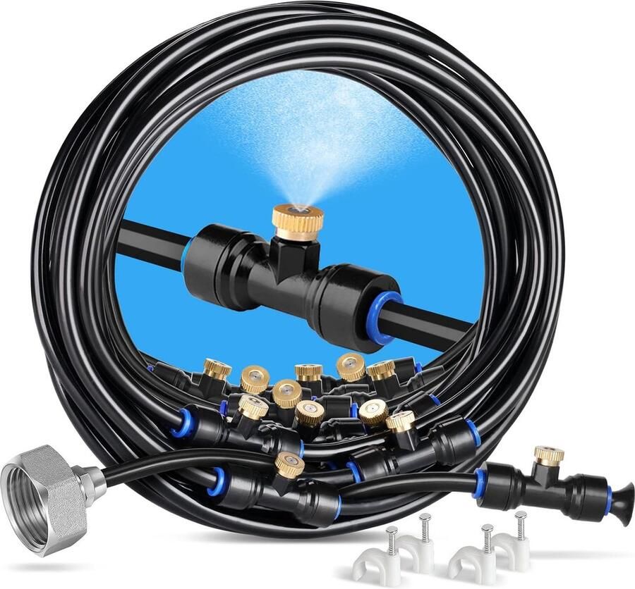 Generic Bewateringssysteem 18 m mistleiding + 7 messing nevelsproeiers + een messing connector (3 4 inch) buitenmistersysteem voor tuinirrigatie planten irrigatie waternevel koeling terras