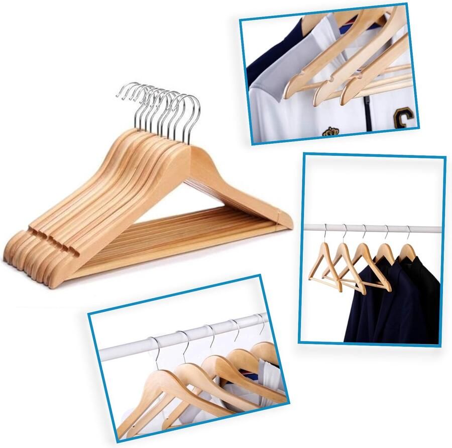 Generic Massief houten kleerhanger met antislipstangen en nauwkeurig gesneden groeven 360 graden draaibare chroomhaak natuurlijke afwerking Ultrasterke en duurzame houten kleerhanger massief hout Kledinghanger- antislip set van 10 44.5cm