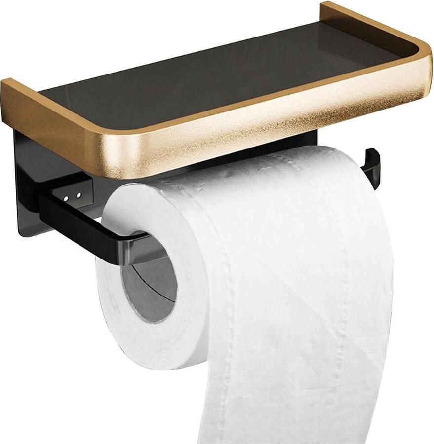 Generic Wandgemonteerde toiletrolhouder met telefoonplank moderne goudzwarte zelfklevende toiletrolhouder voor badkamer 18 3 x 9 3 cm