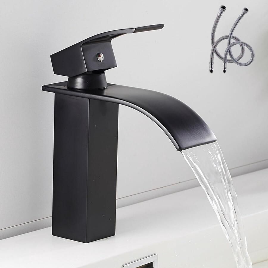 Generic Waterval wastafelkraan hoog warm en koud messing badkamerkraan met enkele handgreep boven wastafelkraan zwar Geschikt voor modern badkamerontwerp wordt geleverd met slang