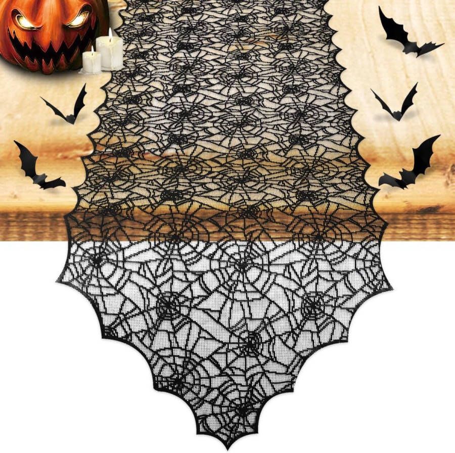 Generic Halloween tafeldecoraties Tafelkleden vakantie tafelloper met 12 stuks 3D vleermuizen spinnenweb zwarte kant tafelloper voor keuken eettafel Halloween feest decoratie binnen 45 x 185cm