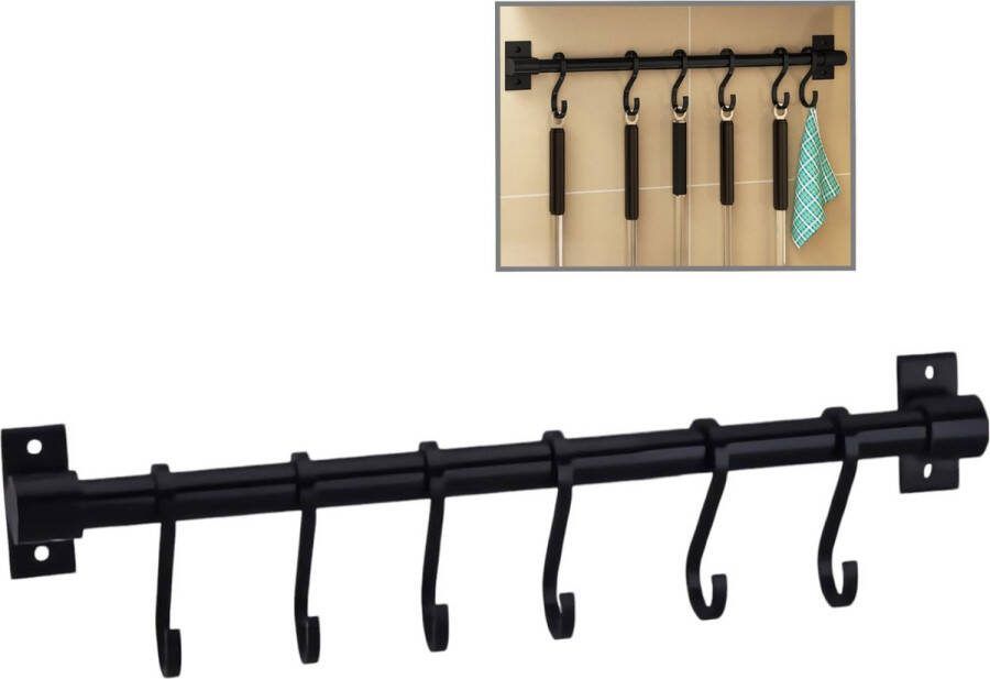 Generic Keukengereirek 40 cm wandgemonteerd aluminium rek met 6 haken Wandgemonteerd ijzeren bestekrek met afneembare S-haak Keukenhaken Ophanghaken Zwart
