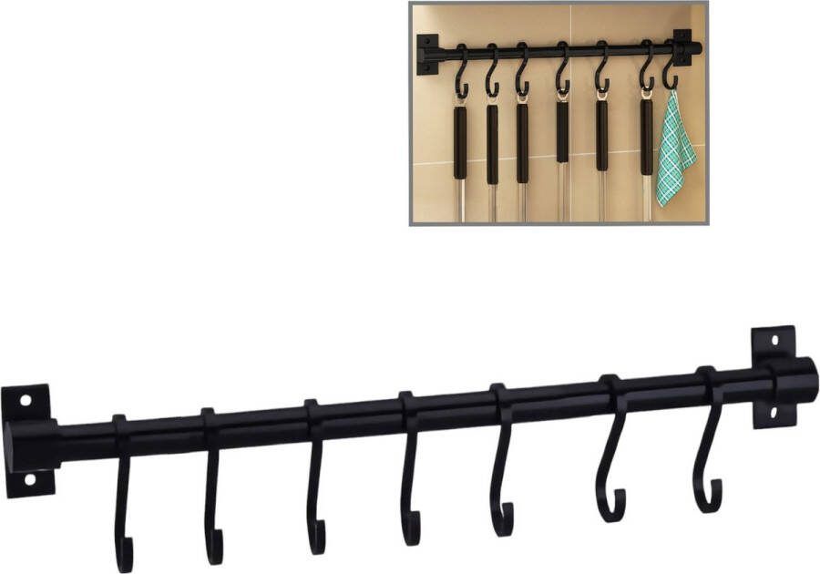 Generic Keukengereirek 50 cm wandgemonteerd aluminium rek met 7 haken Wandgemonteerd ijzeren bestekrek met afneembare S-haak Keukenhaken Ophanghaken Zwart