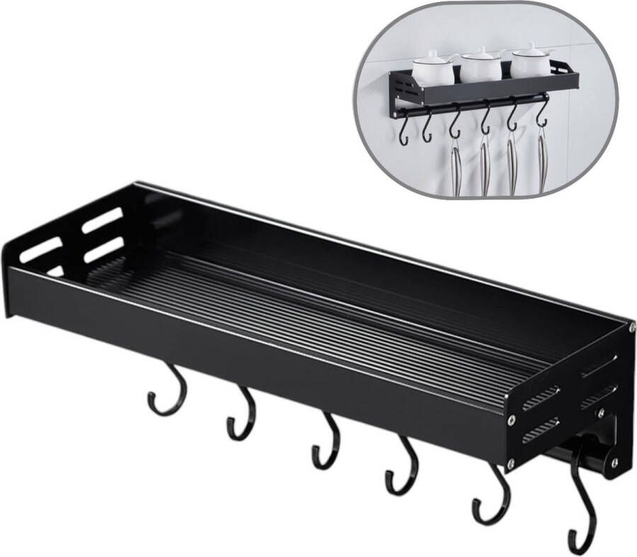 Generic Keukengereirek Wandgemonteerd aluminium opbergrek zonder boor 40 cm kruidenrek met 6 haken Keukenwandmontagerek zonder boren Keukenopbergrek zonder boren Keukenhulp Keuken Zwart