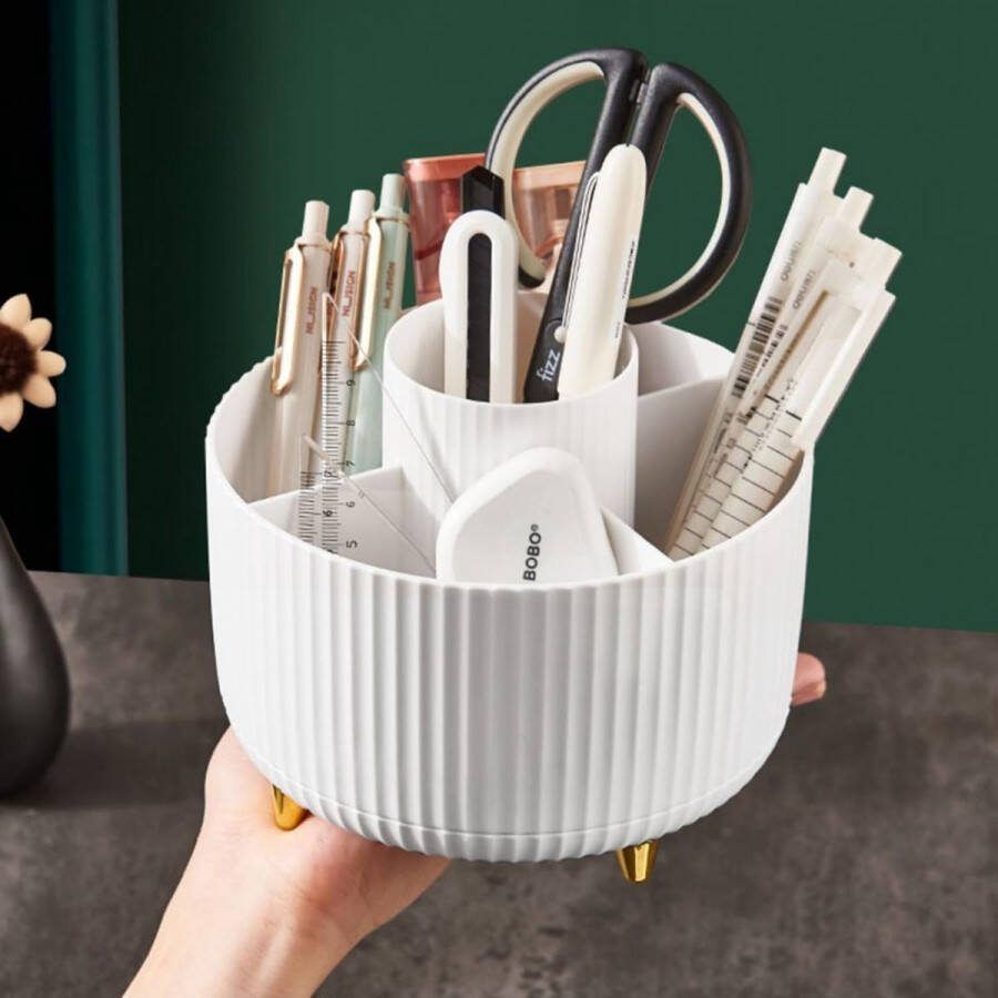 Generic Roterende opbergkoker voor make-updoos Bureaupotloodpenhouder 5 sleuven 360° graden draaibare potloodpenorganisatoren voor bureau desktopopslag briefpapierbenodigdheden potloodbekerpot (wit)