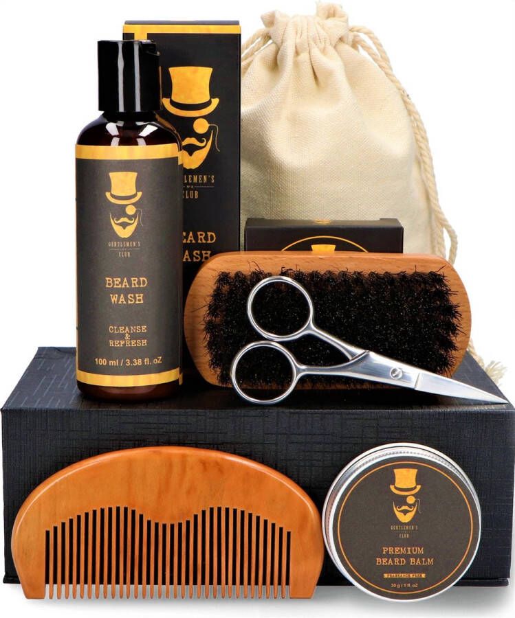 Gentlemen's Club Hoogwaardige Baardgroei kit baard verzorging set Baardset bestaande uit: Baard shampoo Verzorgende Balsem Grooming Borstel Kam en Trim schaar Cadeau