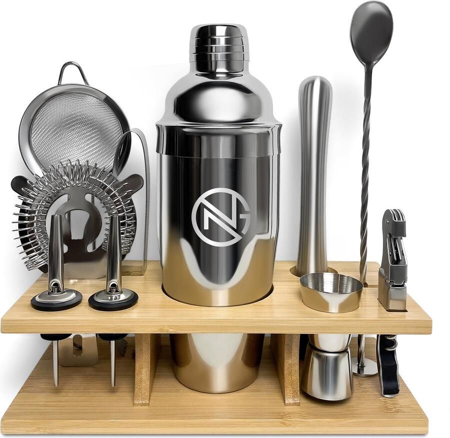 George Napoli Cocktail set met Bamboe Standaard Zilver Cocktail Shaker 11 Delige Cocktailset Inclusief Luxe Cadeauverpakking