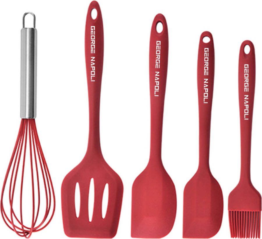 George Napoli Keukengerei set 5x Rood Garde Pannenlikker Lepel Oliekwast Keukengerei BBQ Accesoires Siliconen Spatelset