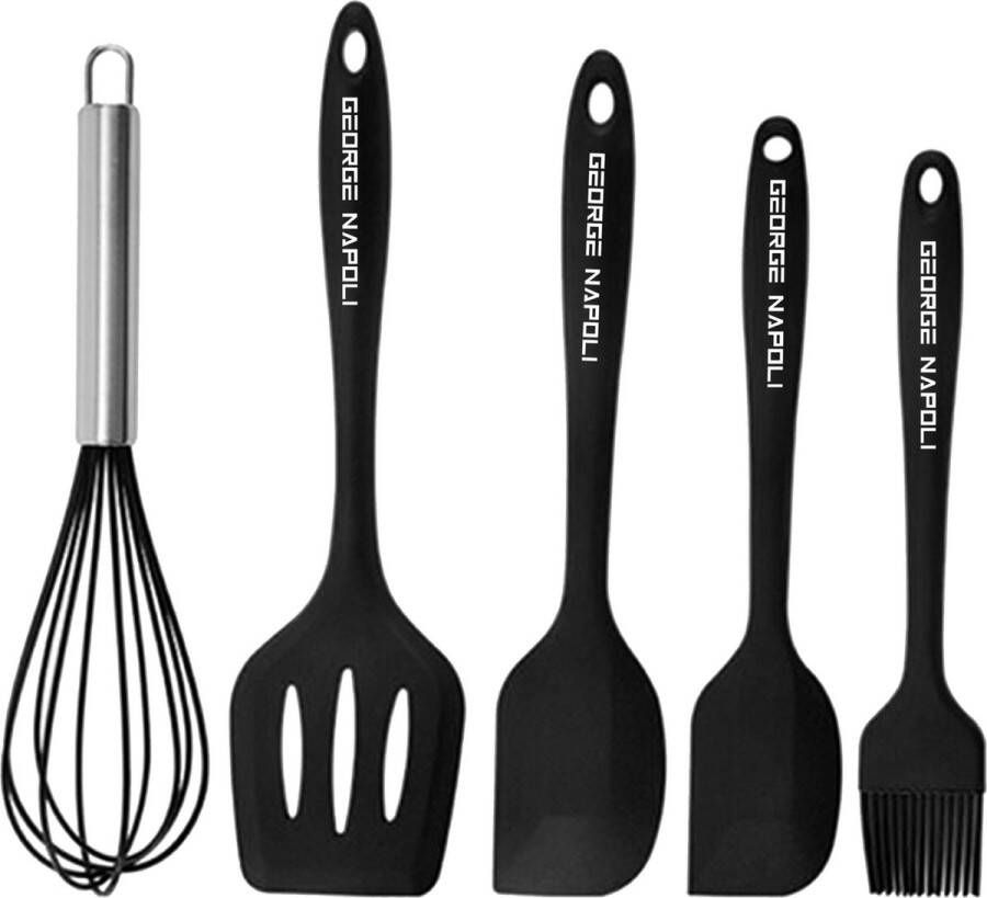 George Napoli Keukengerei set 5x Zwart Garde Pannenlikker Lepel Oliekwast Keukengerei BBQ Accesoires Siliconen Spatelset