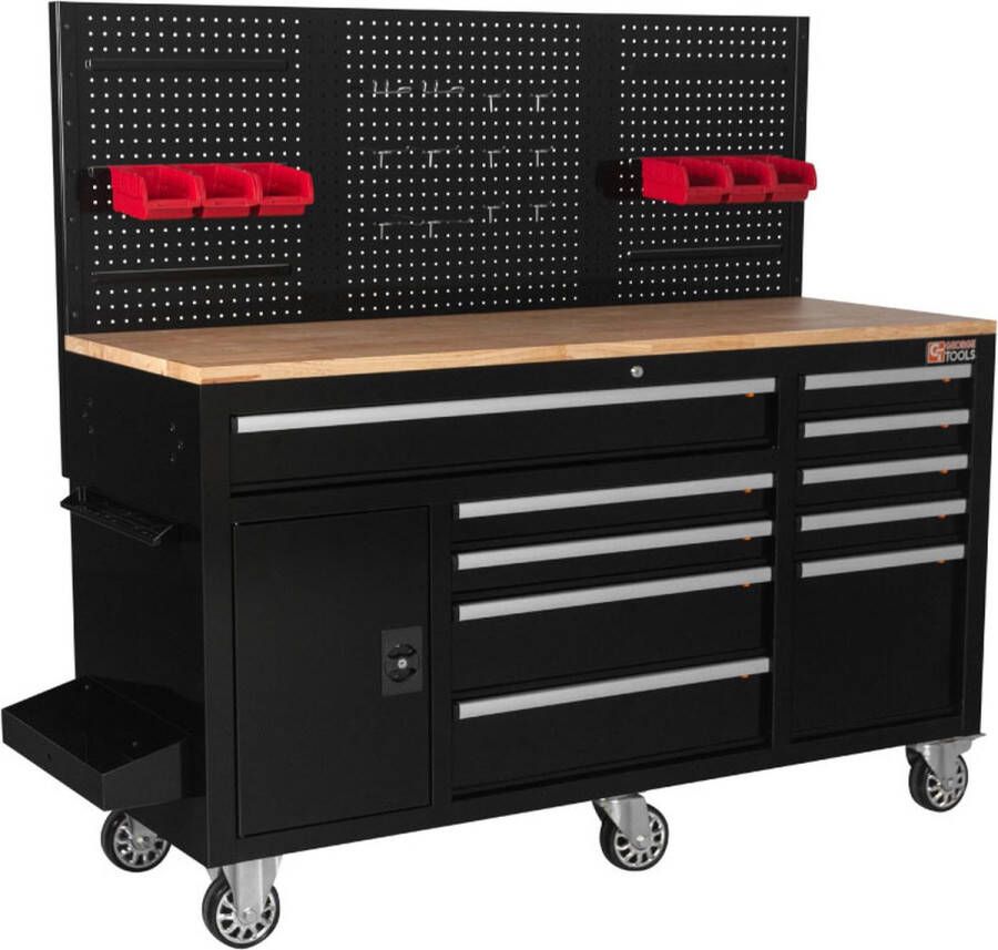 George Tools mobiele werkbank Werktafel met 10 laden 1 opbergkast gereedschapshouder en houten werkblad Complete set met accessoires voor werkplaats of garage Zwart