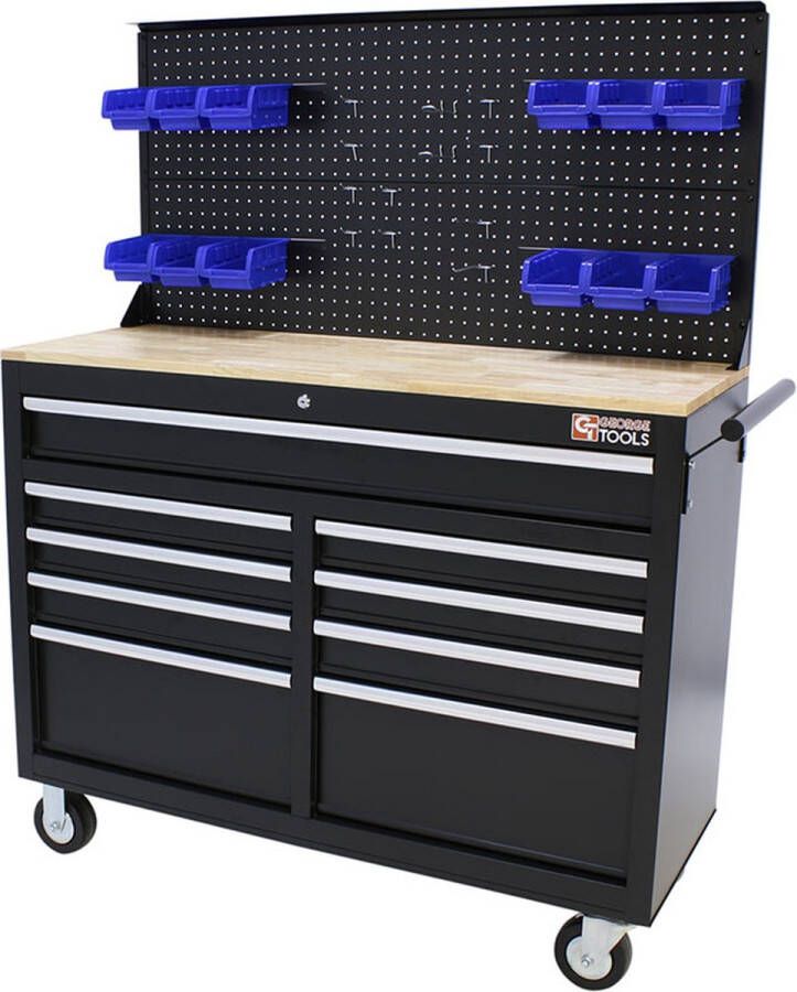 George Tools mobiele werkbank Werktafel met 9 laden gereedschapswand en houten werkblad Complete set met accessoires voor werkplaats of garage Zwart