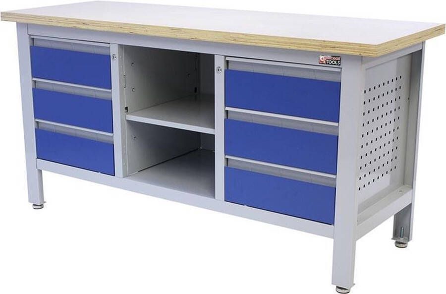 George Tools werkbank 169 cm Werktafel met 6 laden en multiplex werkblad Blauw