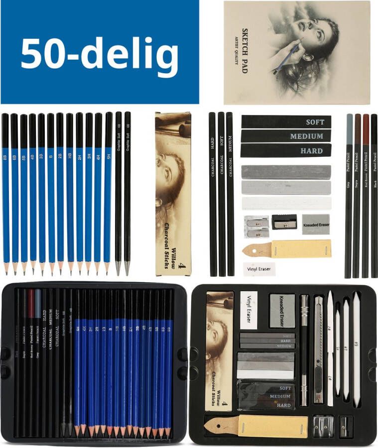 Gerdes Tekenset Volwassenen met Schetsboek Houtskool Tekenen Tekenpotloden Tekendoos 50-Delig
