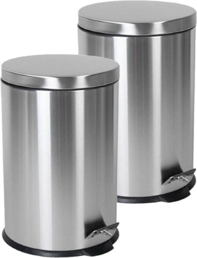 Gerim 2x stuks RVS prullenbakken pedaalemmers met 5 liter inhoud badkamer toilet keuken Zilver Formaat 28 x 20 cm
