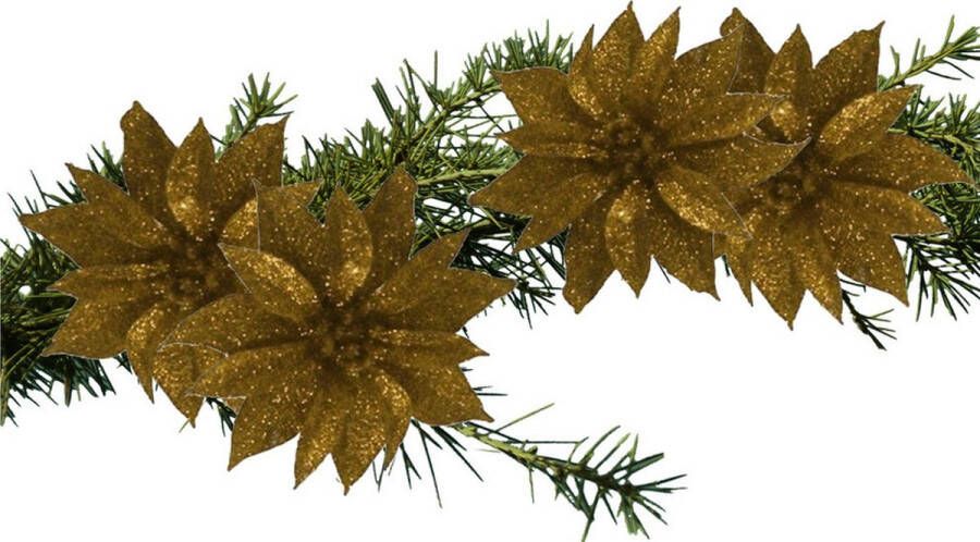 Gerimport Gerim glitter decoratie bloemen op clip goud 9 5 cm 4 st Kerstboom ornamenten