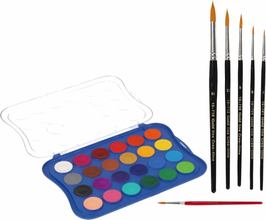 Gerimport Hobby waterverf aquarelverf 24 kleuren met 6x stuks penselen Hobbyverf