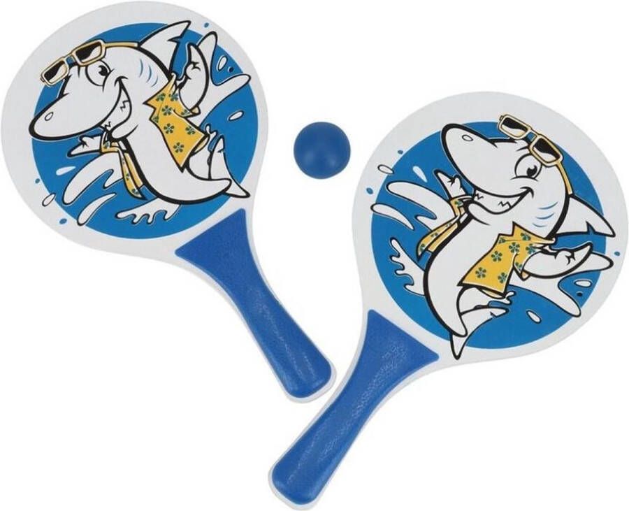 Gerim Houten beachball set blauw met haaien print Strand balletjes Rackets batjes en bal Tennis ballenspel