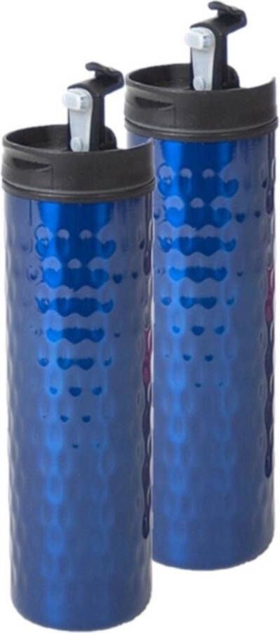 Gerim Set van 2x stuks blauwe RVS thermosfles isoleerkan 400 ml Thermosflessen en isoleerkannen voor warme koude dranken onderweg