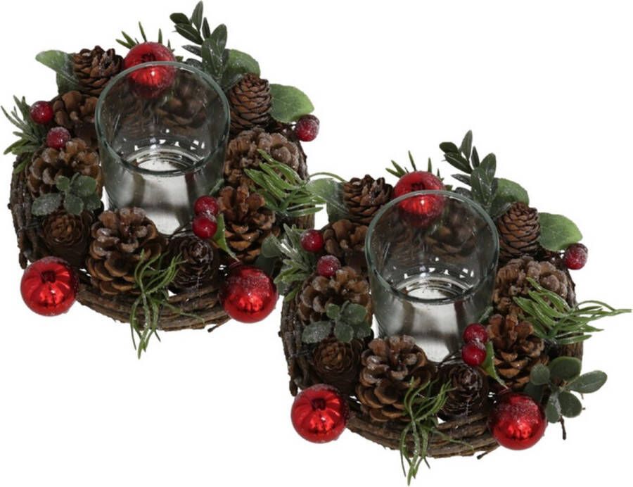 Gerim Set van 2x stuks kerst thema kaarsenhouders ornamenten red green nature 16 cm kaarsjes branden tafel decoratie