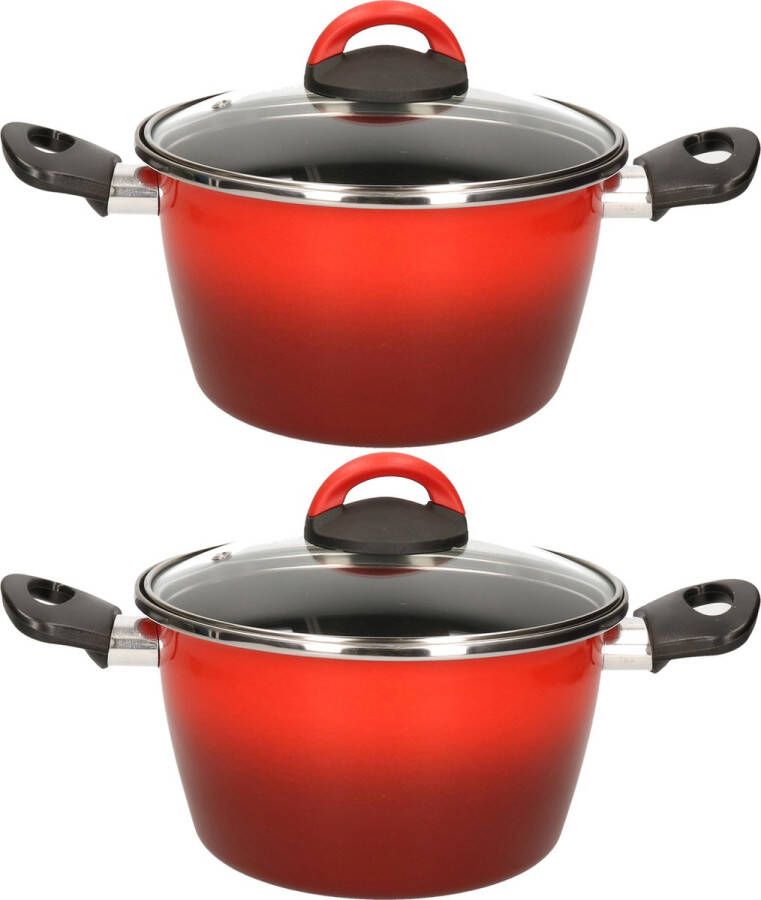Magefesa Set van 2x stuks rvs rode kookpan pan met glazen deksel 20 cm 6 liter Kookpannen