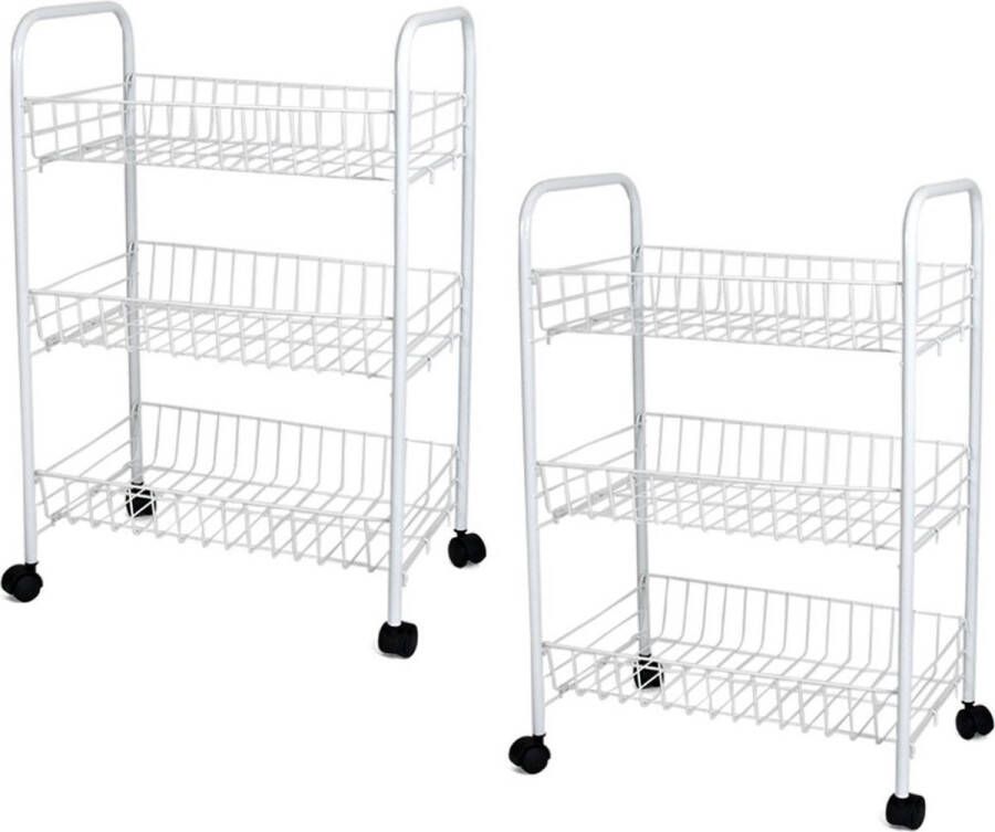 Gerim Set van 2x stuks witte keuken trolleys met manden op wielen 40 x 26 x 62 cm Keuken badkamer rekje van metaal