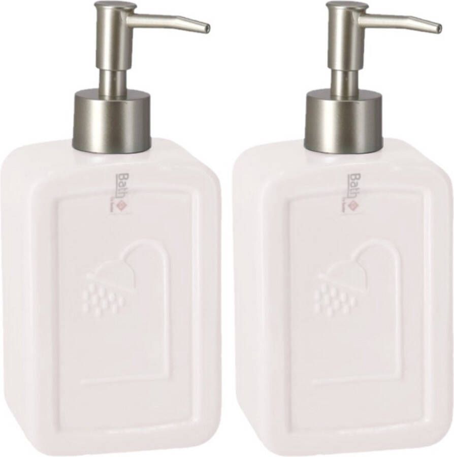 Gerim Set van 2x stuks zeeppompjes zeepdispensers wit keramiek 18 cm Navulbare zeep houder Toilet badkamer accessoires