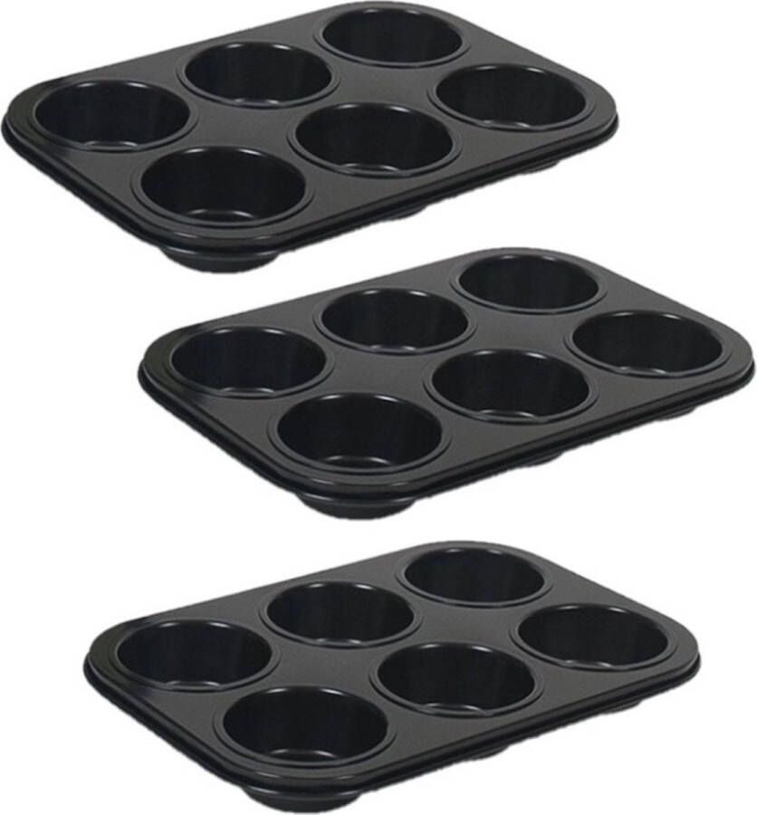Gerimport Set van 3x stuks muffin bakvorm bakblik rechthoek 27 x 19 x 3 cm zwart voor 18 stuks- Springvormen