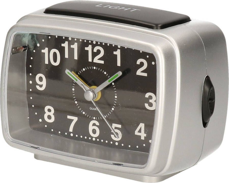 Gerim Wekker alarmklok zwart zilver 11 cm met verlichting en alarm Reiswekker Wekkertje
